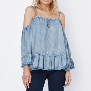 Blank NYC denim ruffle top, cold shoulder